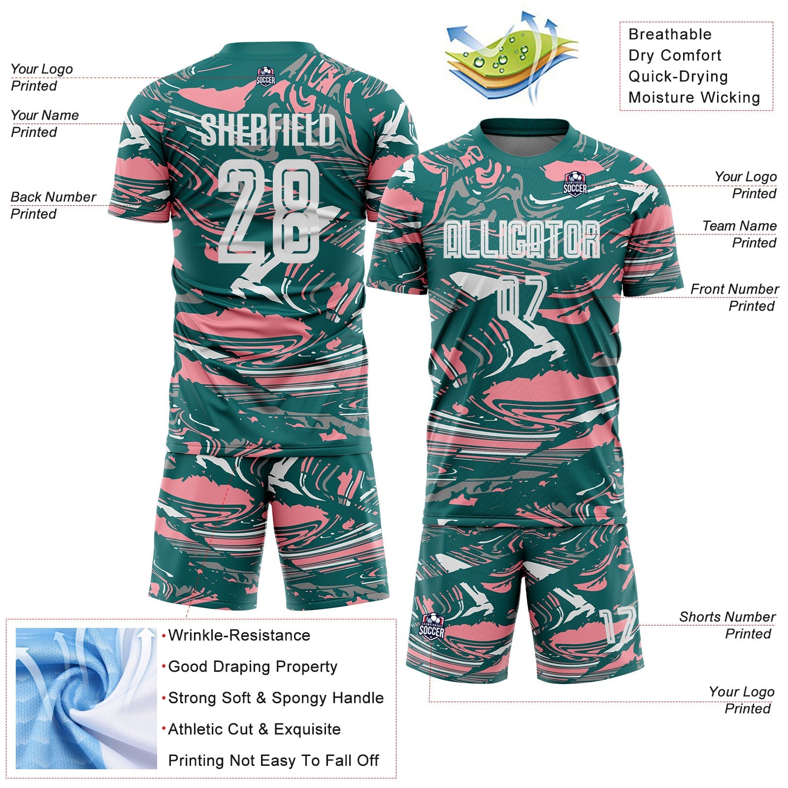 Custom Figure White Teal-Medium Pink Fluid Art Splash Sublimation Soccer Uniform Jersey view 4