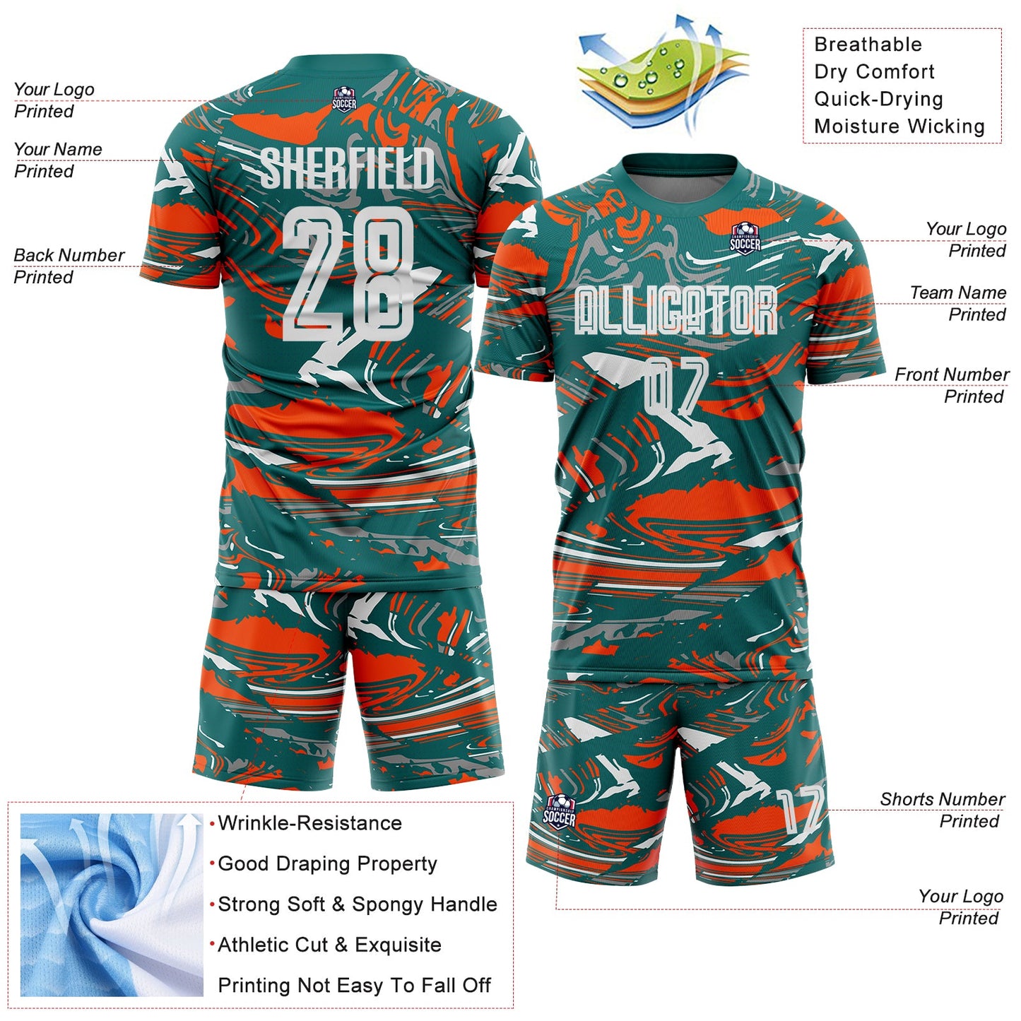 Custom Figure White Teal-Orange Fluid Art Splash Sublimation Soccer Uniform Jersey view 4