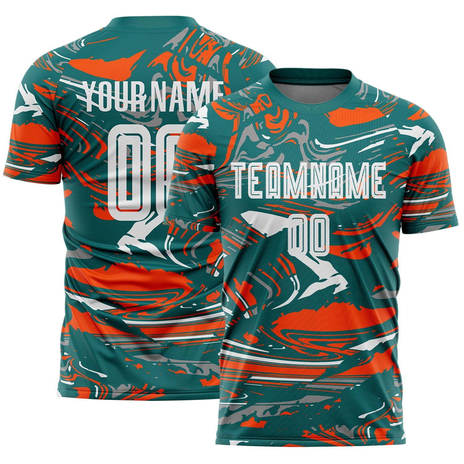 Custom Figure White Teal-Orange Fluid Art Splash Sublimation Soccer Uniform Jersey - Main View