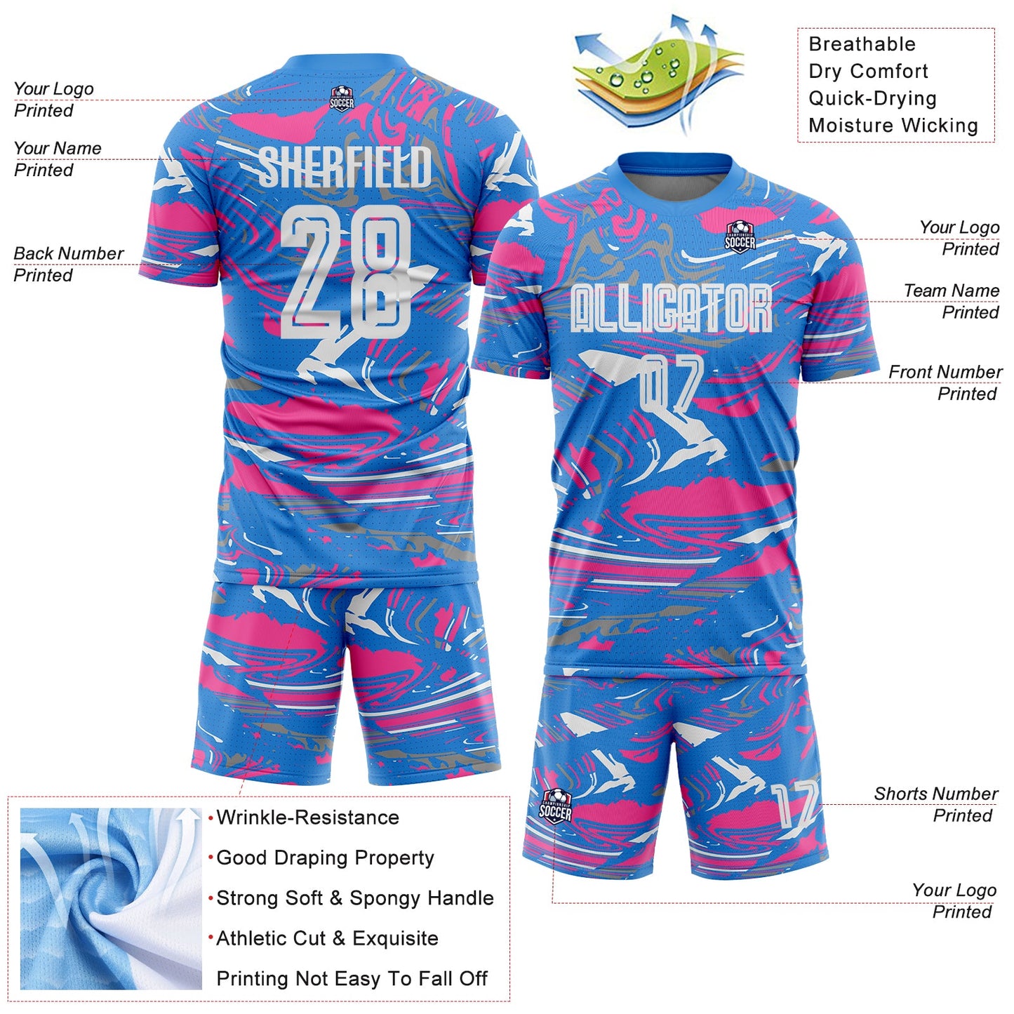 Custom Figure White Powder Blue-Pink Fluid Art Splash Sublimation Soccer Uniform Jersey view 4