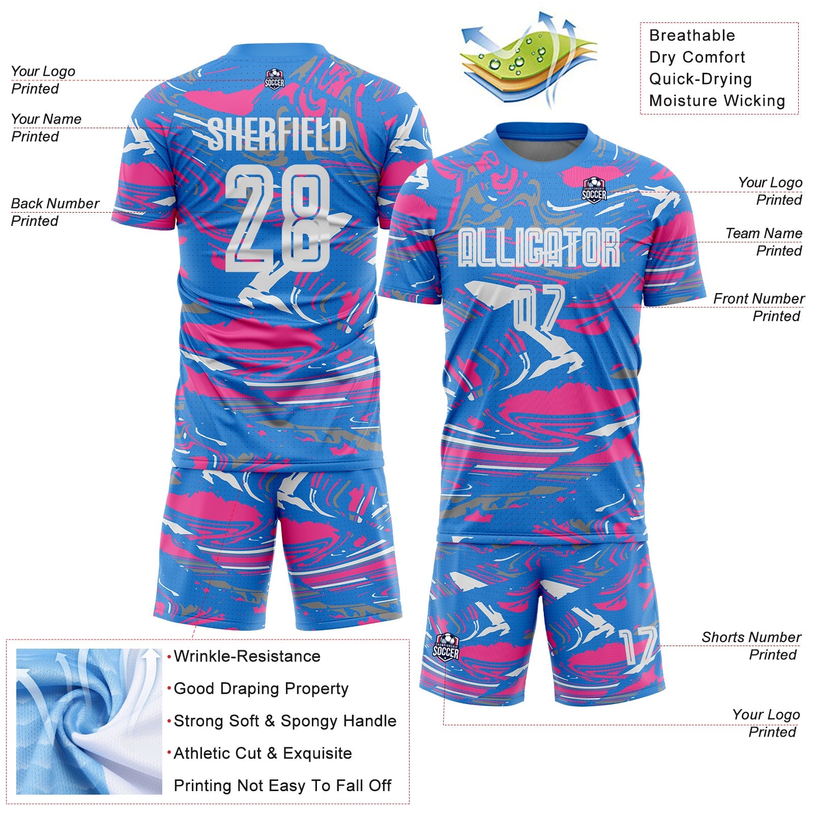 Custom Figure White Powder Blue-Pink Fluid Art Splash Sublimation Soccer Uniform Jersey view 4