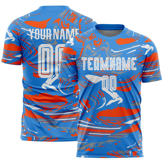 Custom Figure White Powder Blue-Orange Fluid Art Splash Sublimation Soccer Uniform Jersey - Main View