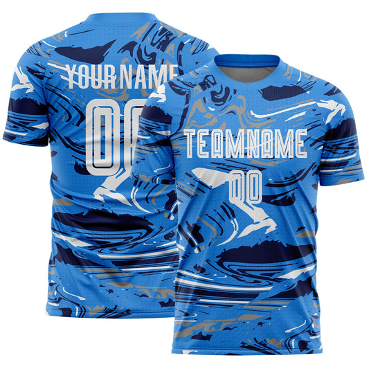 Custom Figure White Powder Blue-Navy Fluid Art Splash Sublimation Soccer Uniform Jersey - Main View