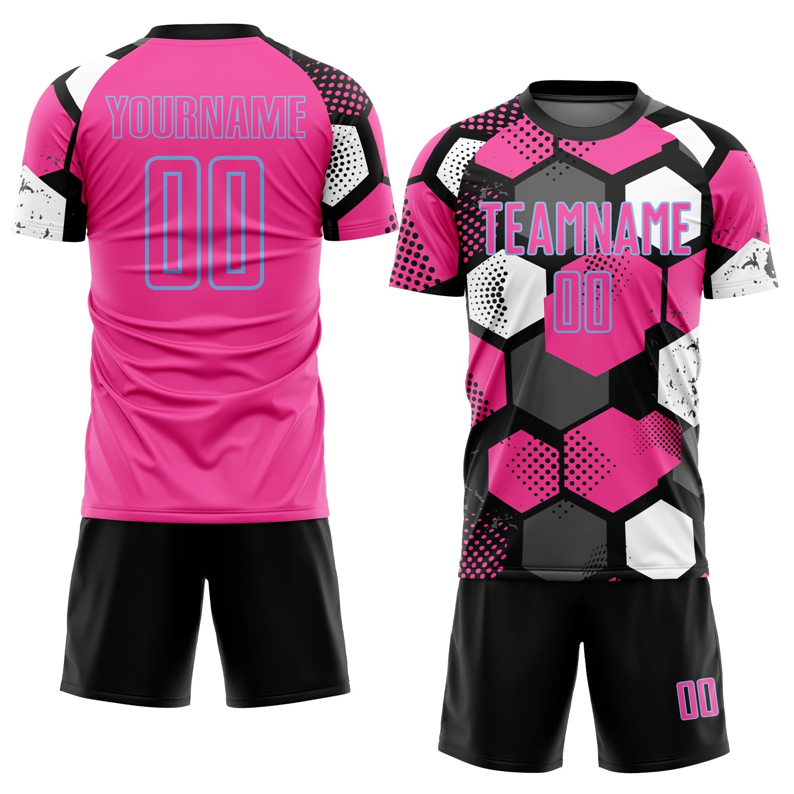 Custom Black Pink Light Blue-White Geometric Shape Sublimation Soccer Uniform Jersey view 2