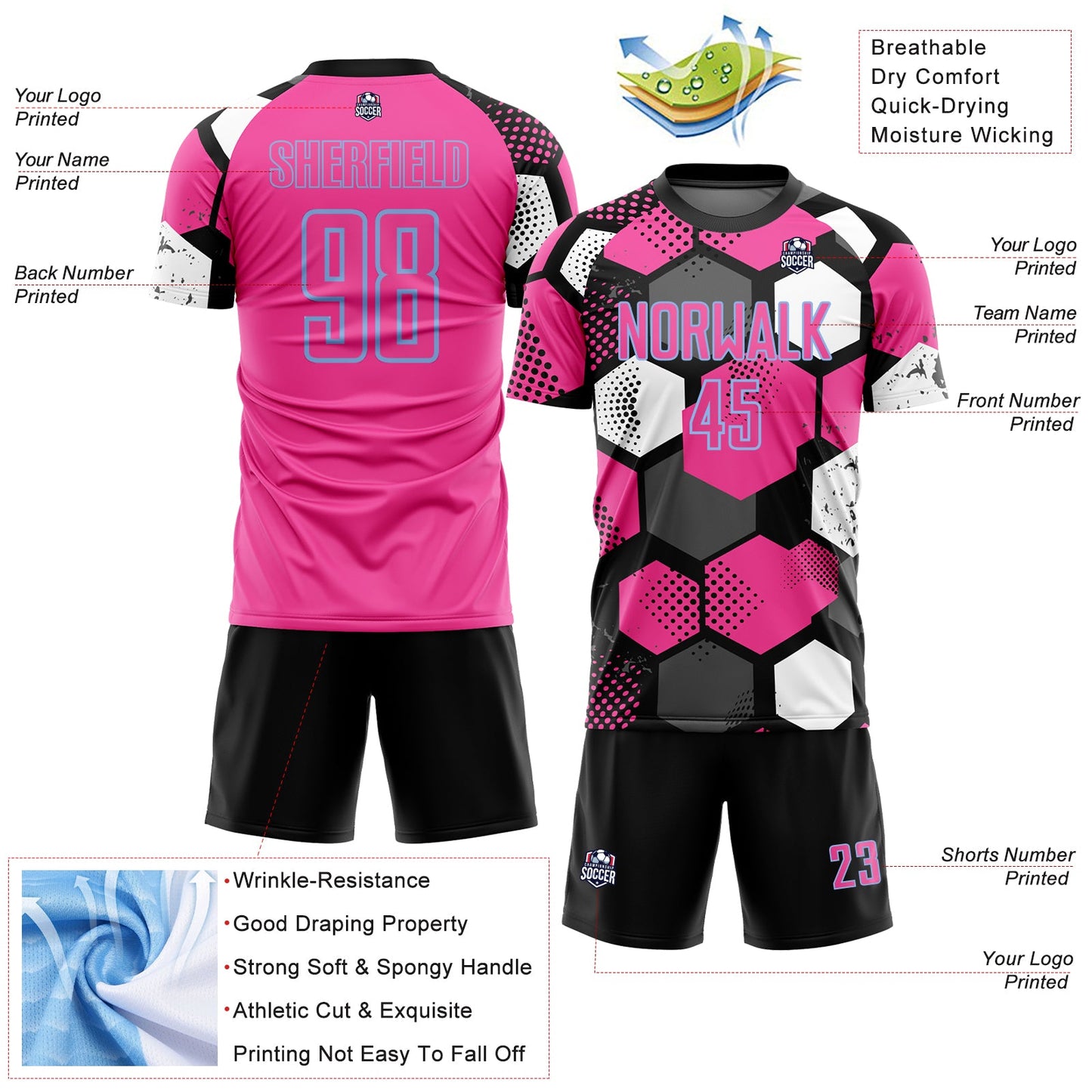 Custom Black Pink Light Blue-White Geometric Shape Sublimation Soccer Uniform Jersey view 4