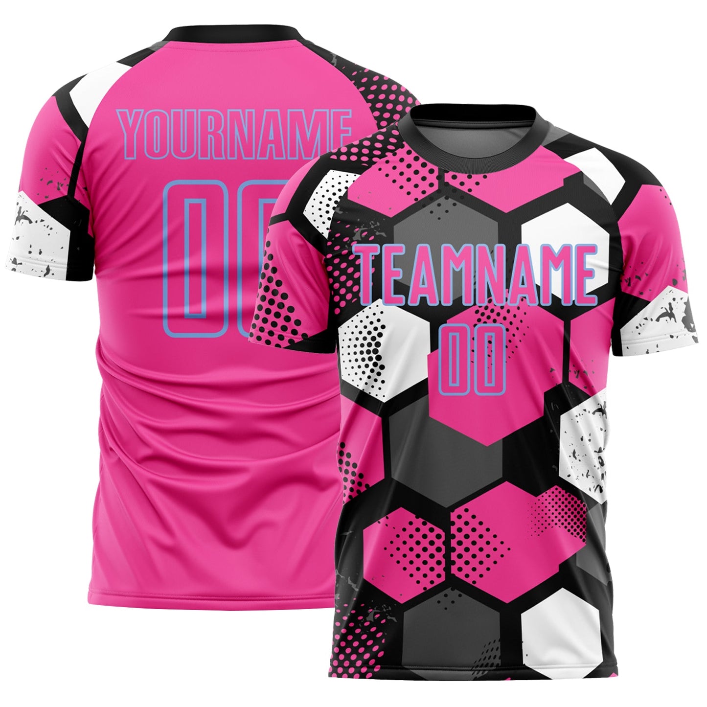 Custom Black Pink Light Blue-White Geometric Shape Sublimation Soccer Uniform Jersey - Main View