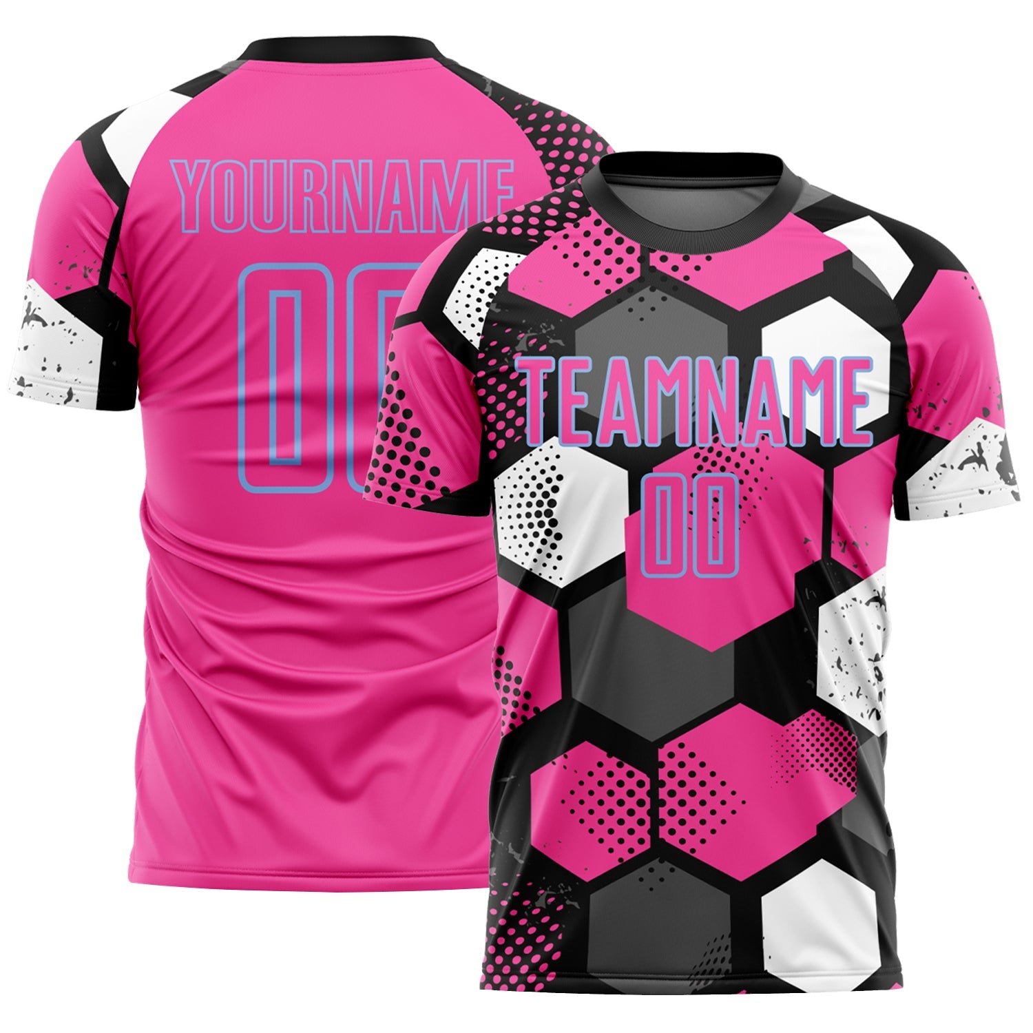 Custom Black Pink Light Blue-White Geometric Shape Sublimation Soccer Uniform Jersey - Main View