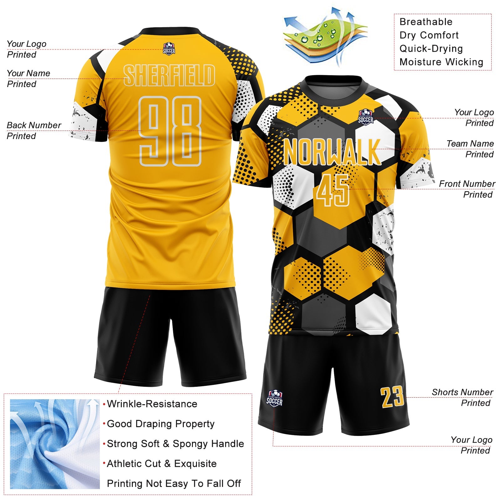 Custom Black Gold-White Geometric Shape Sublimation Soccer Uniform Jersey view 4