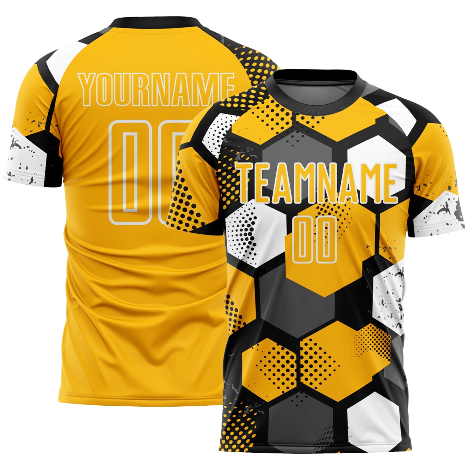 Custom Black Gold-White Geometric Shape Sublimation Soccer Uniform Jersey - Main View