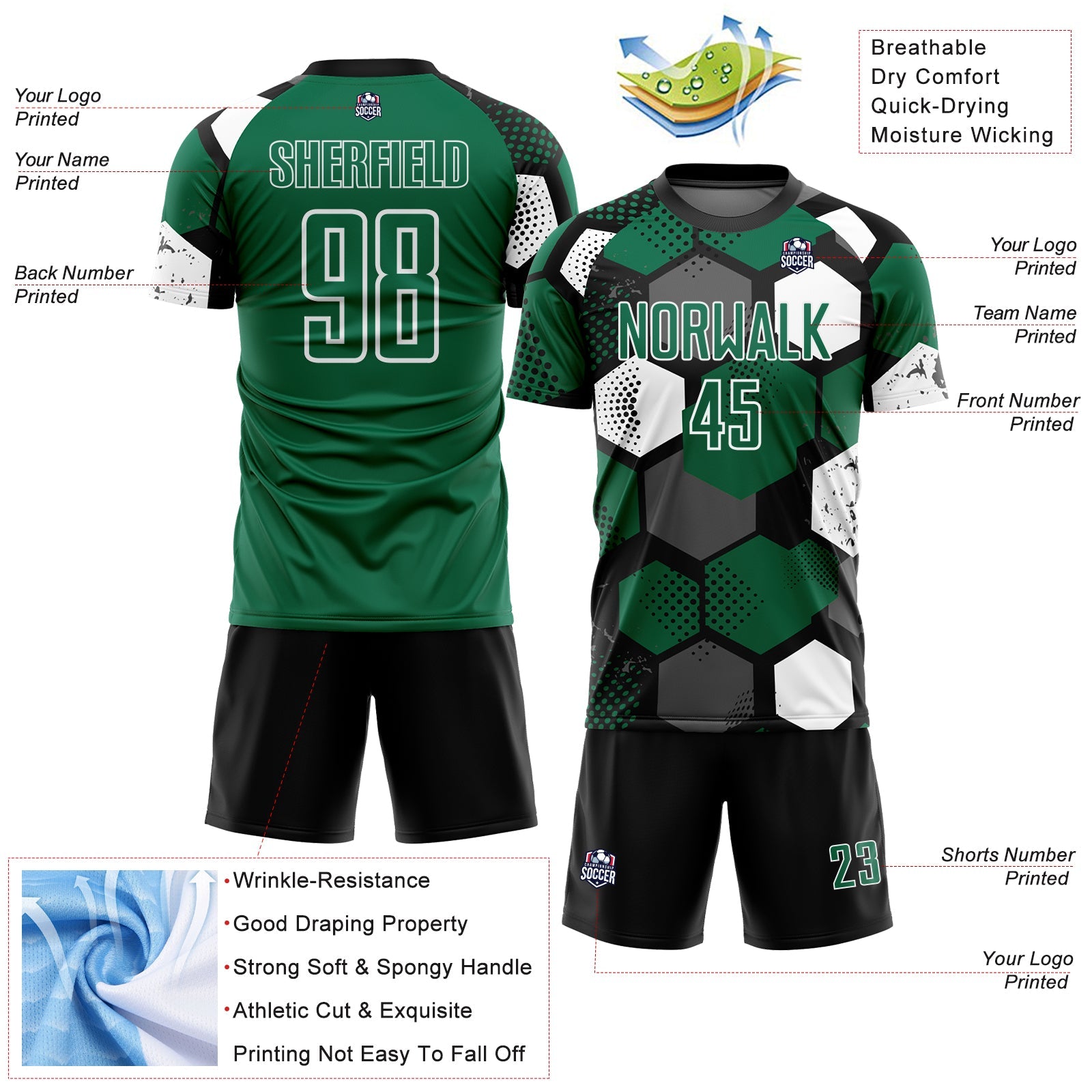 Custom Black Kelly Green-White Geometric Shape Sublimation Soccer Uniform Jersey view 4