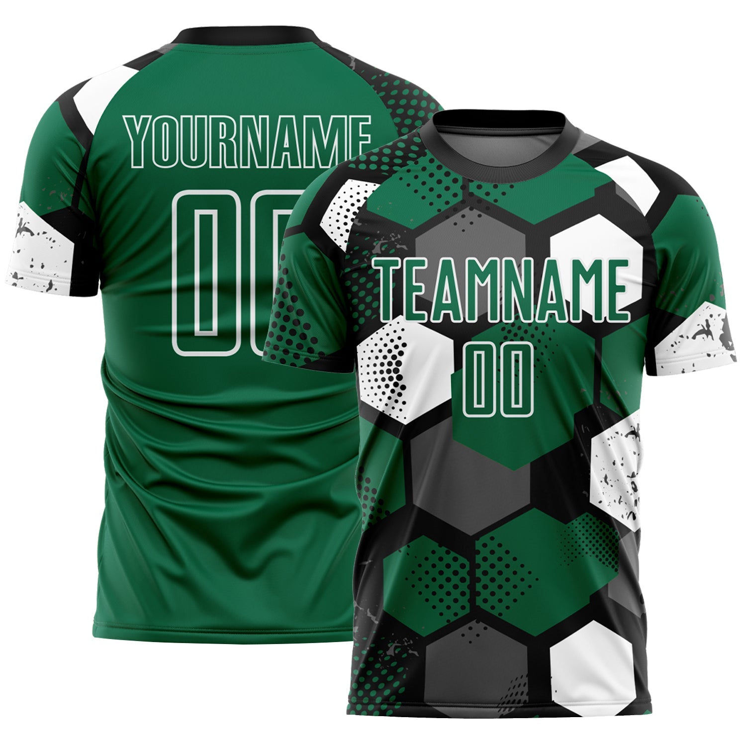 Custom Black Kelly Green-White Geometric Shape Sublimation Soccer Uniform Jersey - Main View