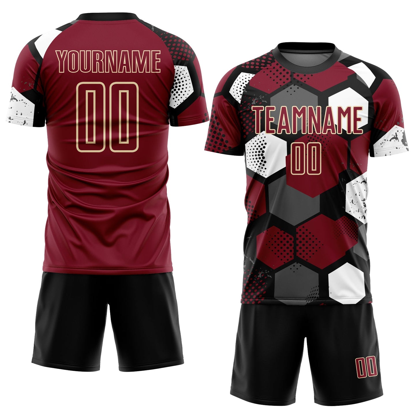 Custom Black Crimson White-Cream Geometric Shape Sublimation Soccer Uniform Jersey view 2