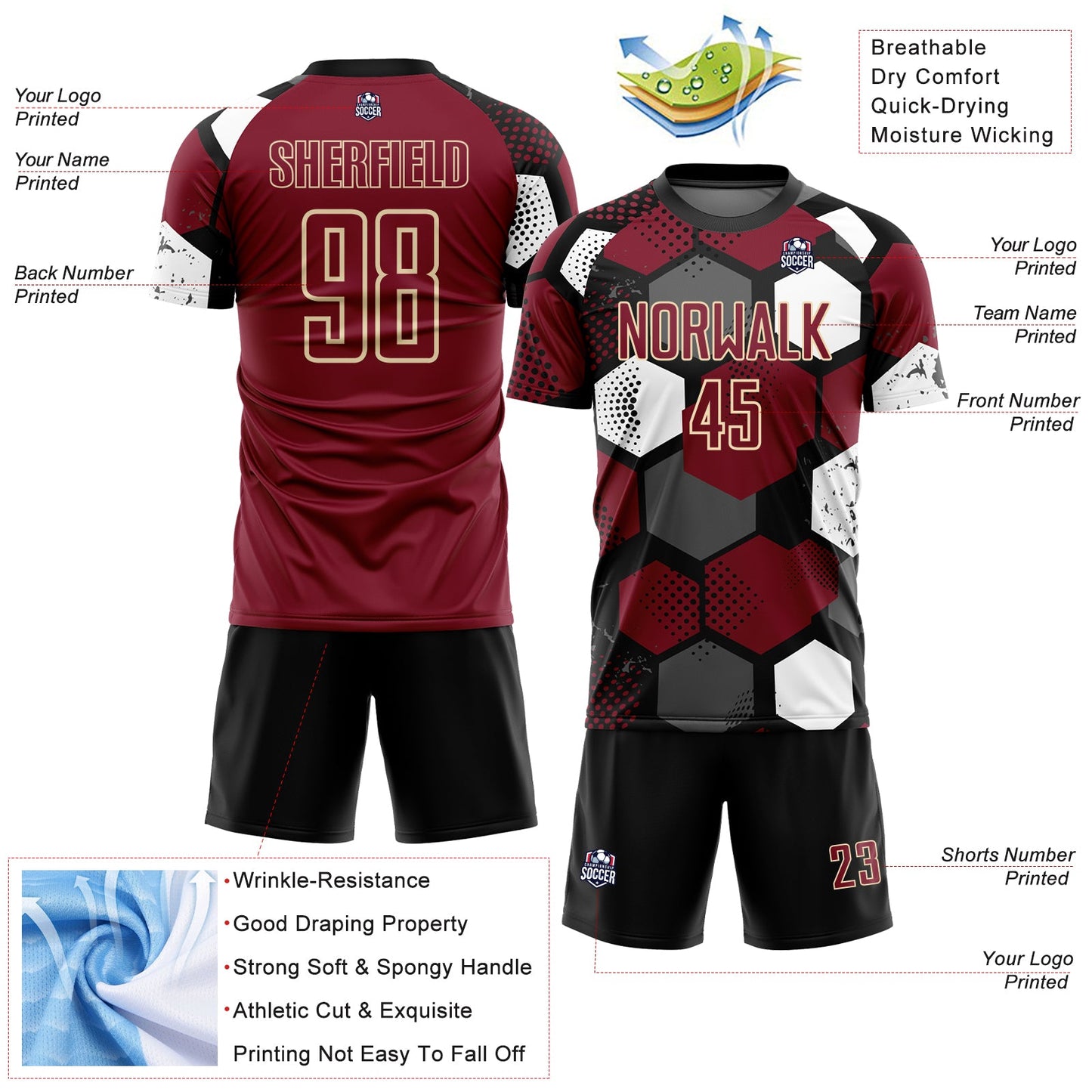 Custom Black Crimson White-Cream Geometric Shape Sublimation Soccer Uniform Jersey view 4