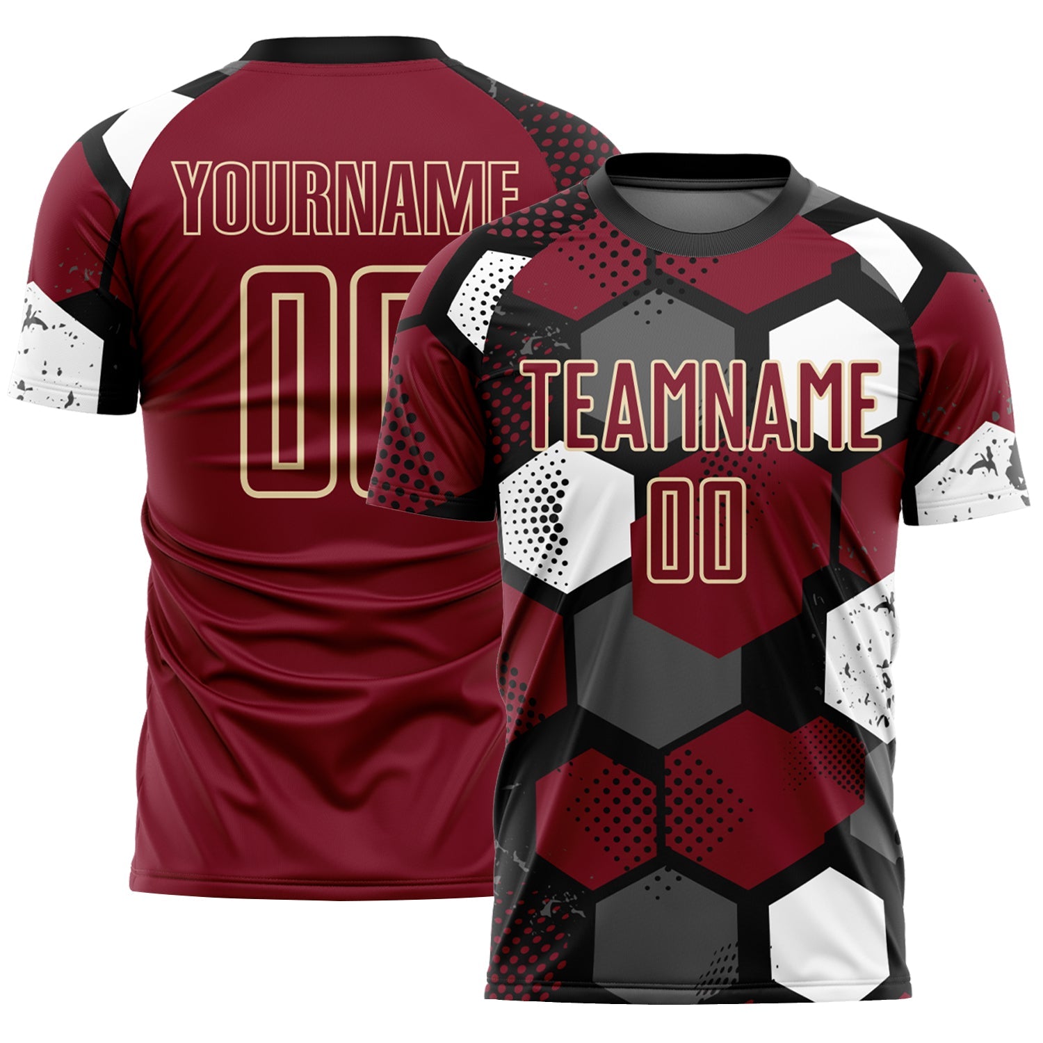 Custom Black Crimson White-Cream Geometric Shape Sublimation Soccer Uniform Jersey - Main View