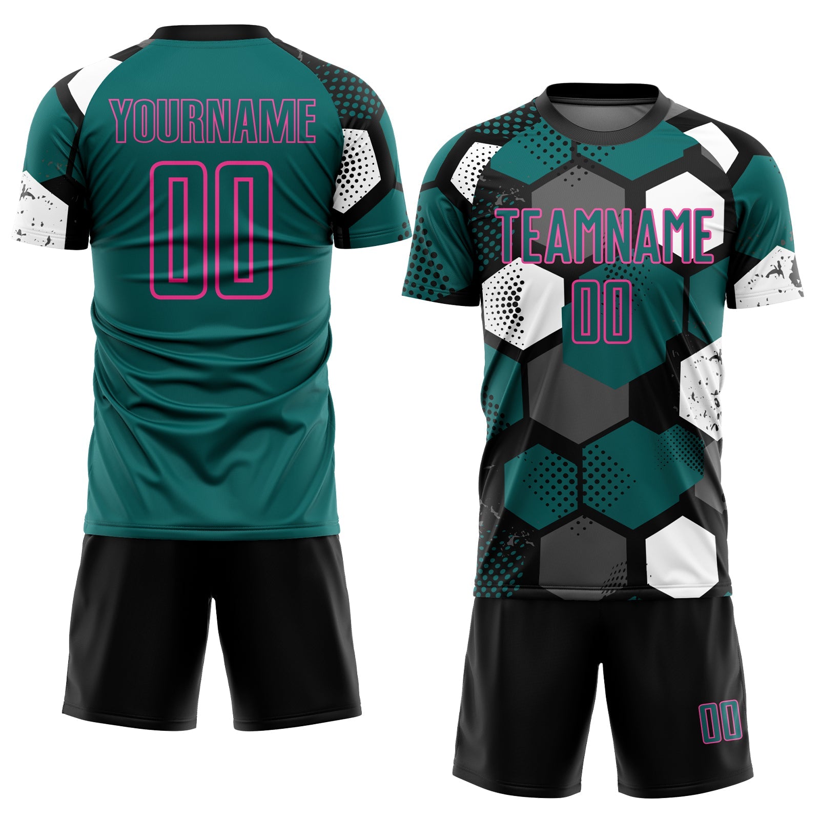 Custom Black Teal White-Pink Geometric Shape Sublimation Soccer Uniform Jersey view 2