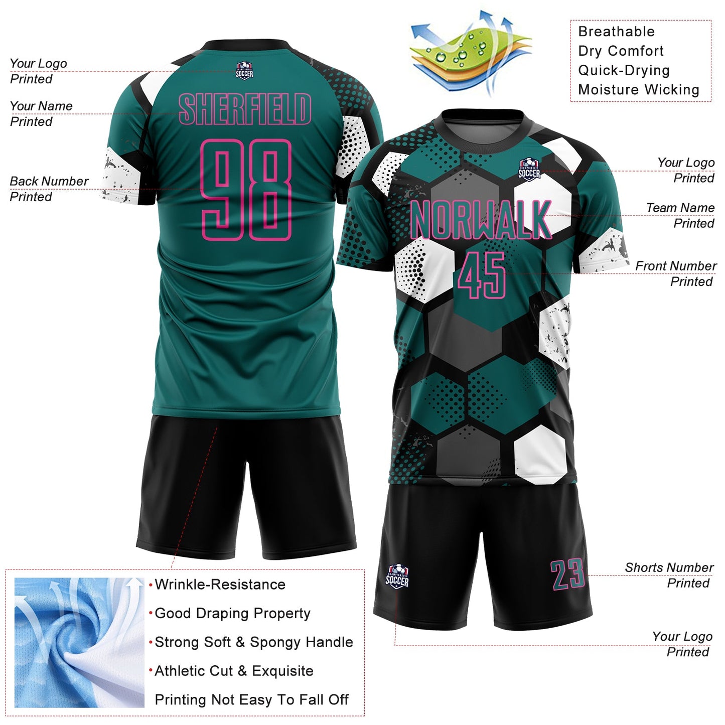 Custom Black Teal White-Pink Geometric Shape Sublimation Soccer Uniform Jersey view 4
