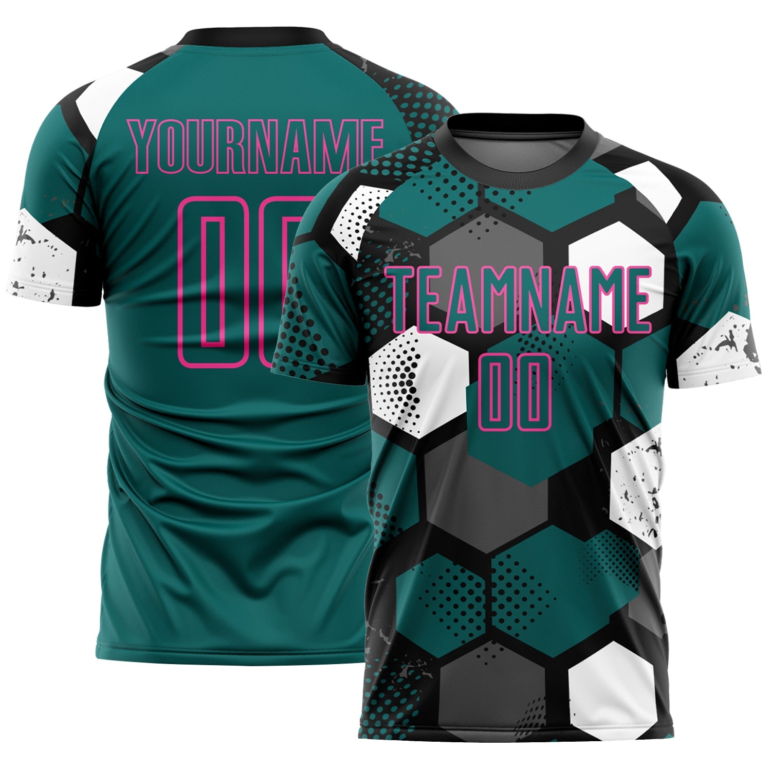 Custom Black Teal White-Pink Geometric Shape Sublimation Soccer Uniform Jersey - Main View
