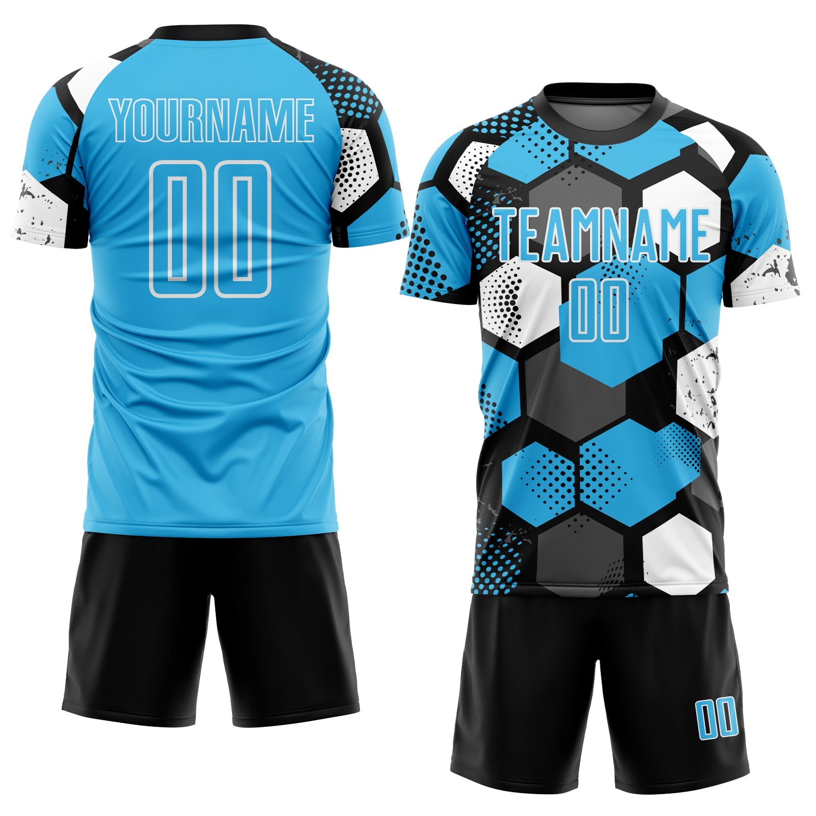 Custom Black Sky Blue-White Geometric Shape Sublimation Soccer Uniform Jersey view 2