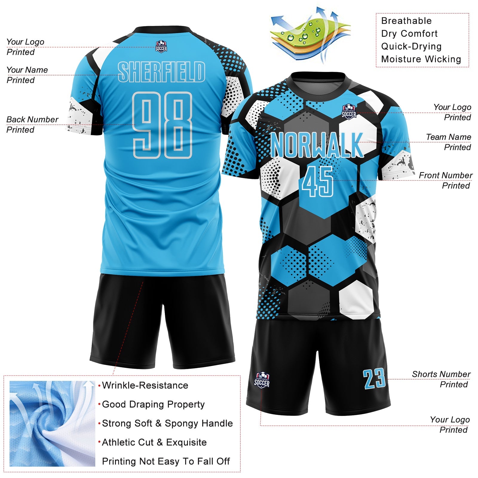 Custom Black Sky Blue-White Geometric Shape Sublimation Soccer Uniform Jersey view 4