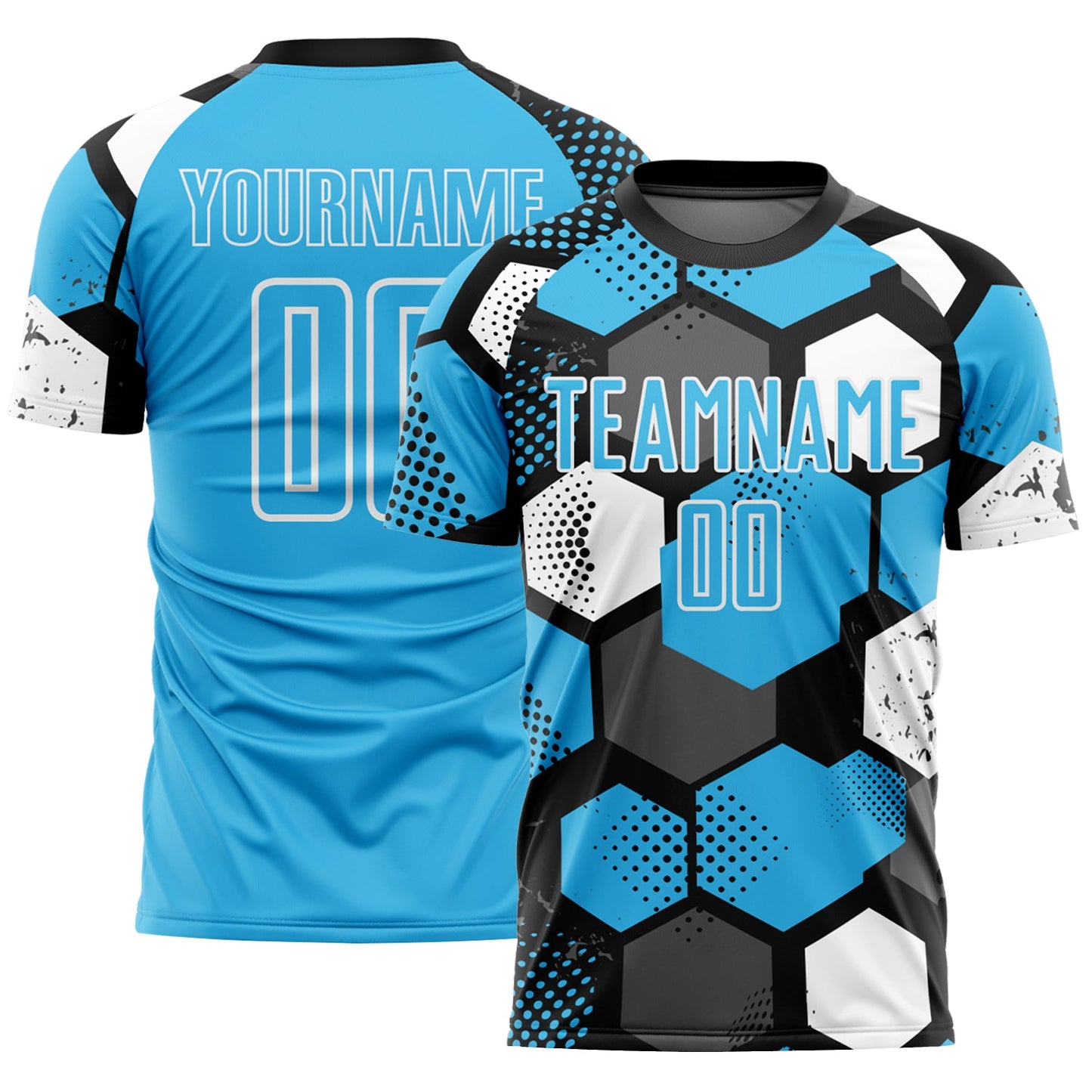 Custom Black Sky Blue-White Geometric Shape Sublimation Soccer Uniform Jersey - Main View