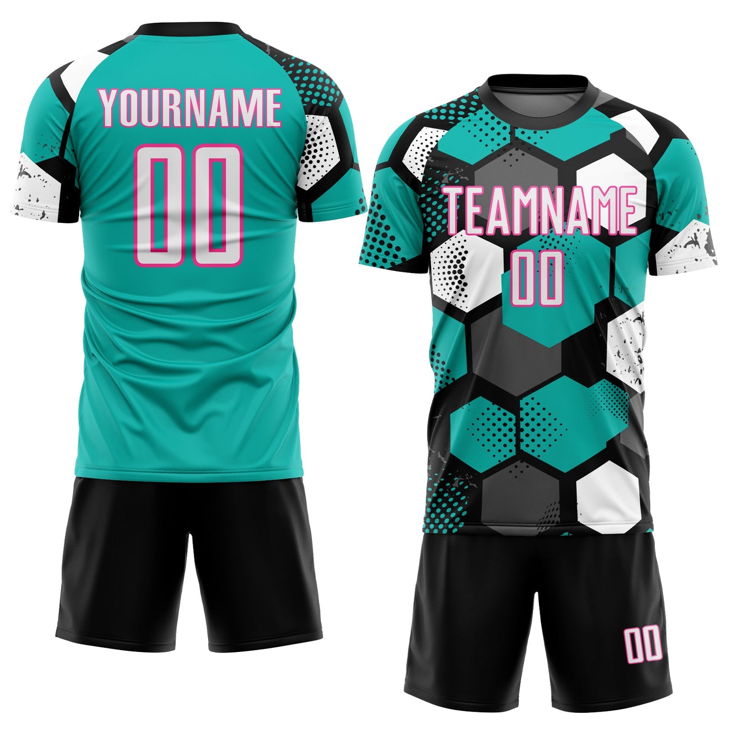 Custom Black White Aqua-Pink Geometric Shape Sublimation Soccer Uniform Jersey view 2