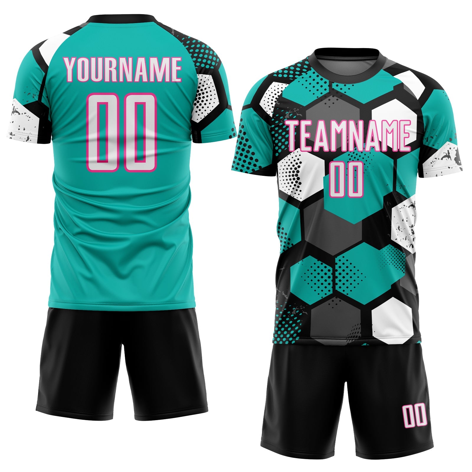 Custom Black White Aqua-Pink Geometric Shape Sublimation Soccer Uniform Jersey view 2