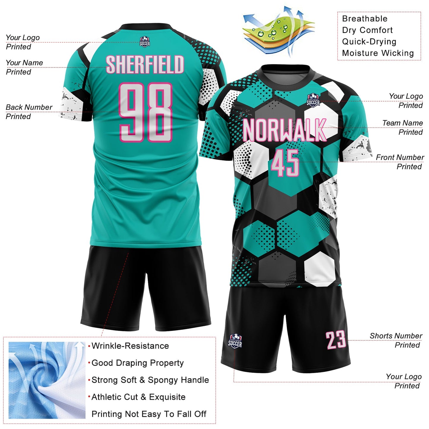 Custom Black White Aqua-Pink Geometric Shape Sublimation Soccer Uniform Jersey view 4