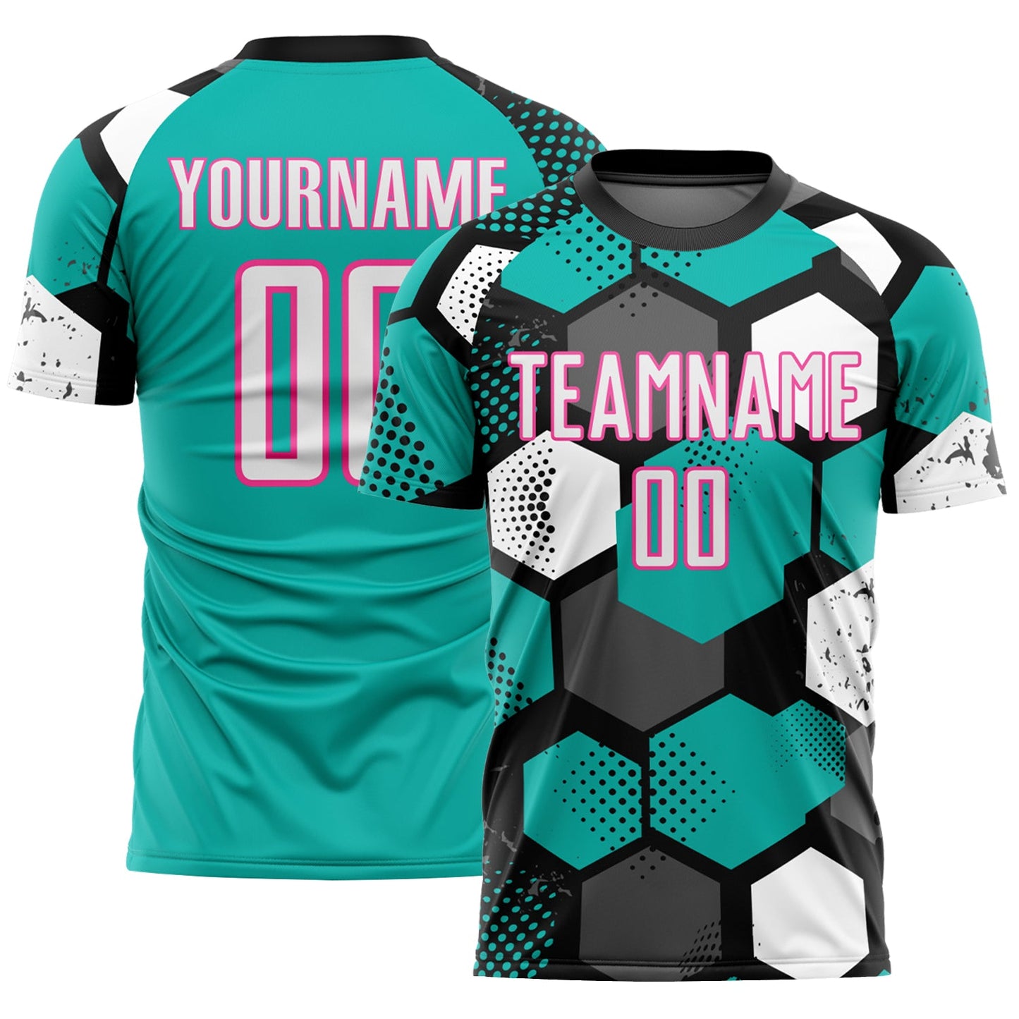 Custom Black White Aqua-Pink Geometric Shape Sublimation Soccer Uniform Jersey - Main View