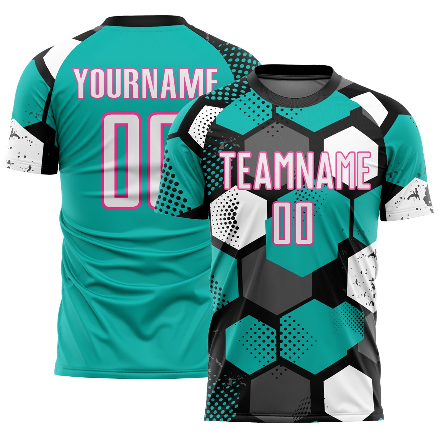 Custom Black White Aqua-Pink Geometric Shape Sublimation Soccer Uniform Jersey - Main View