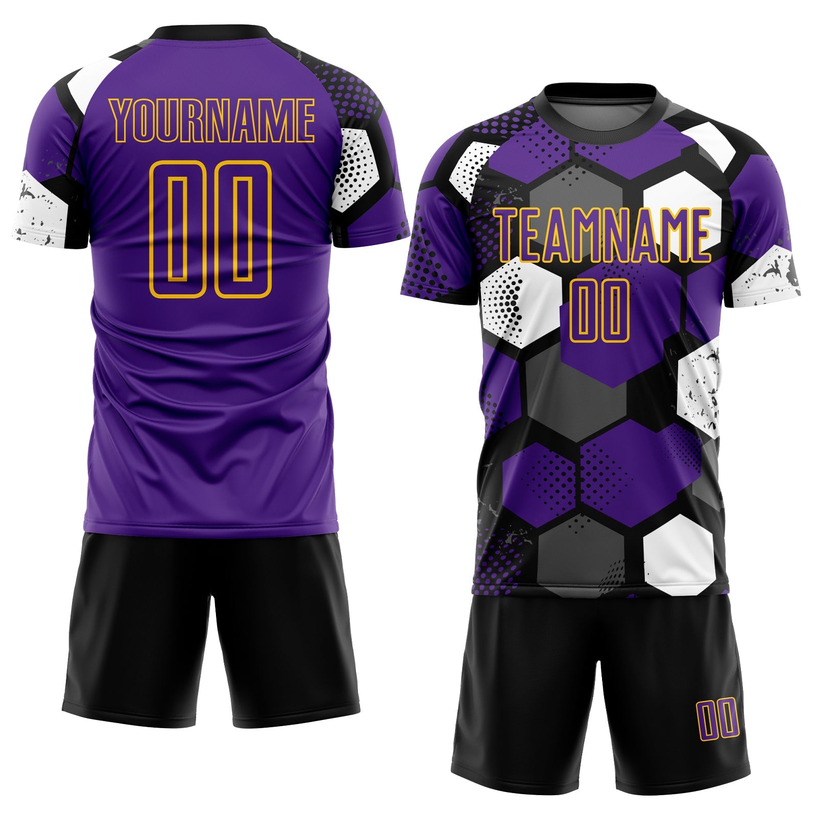 Custom Black Purple White-Yellow Geometric Shape Sublimation Soccer Uniform Jersey view 2