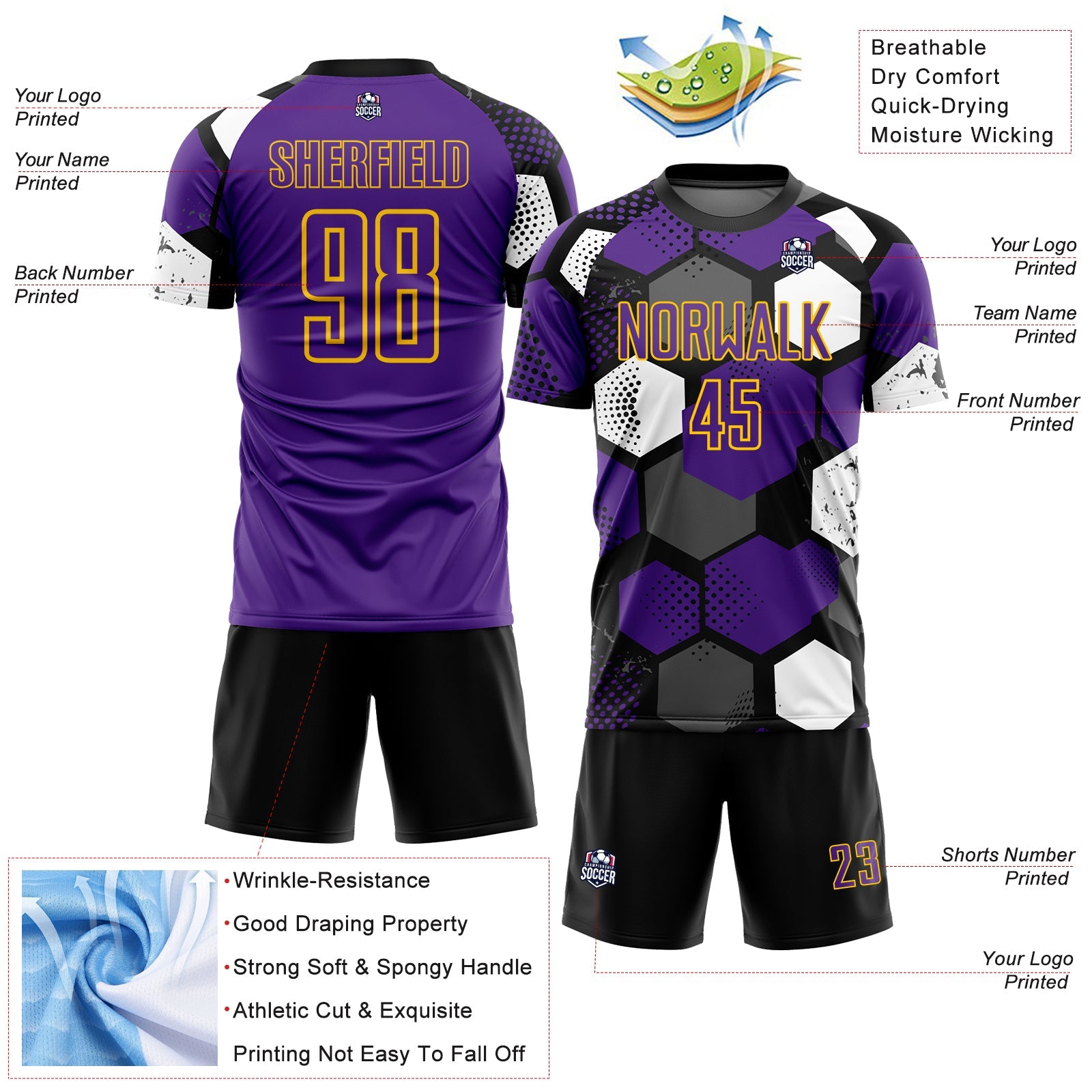 Custom Black Purple White-Yellow Geometric Shape Sublimation Soccer Uniform Jersey view 4