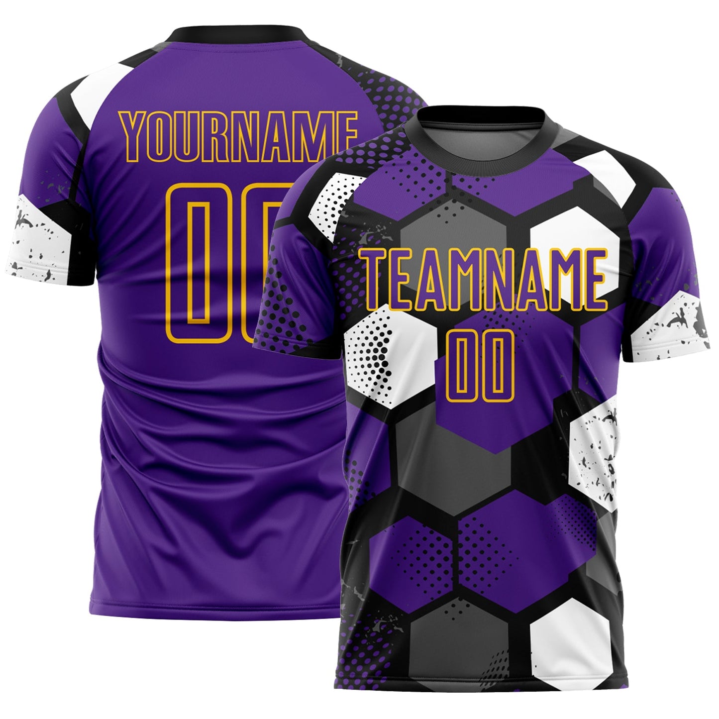 Custom Black Purple White-Yellow Geometric Shape Sublimation Soccer Uniform Jersey - Main View