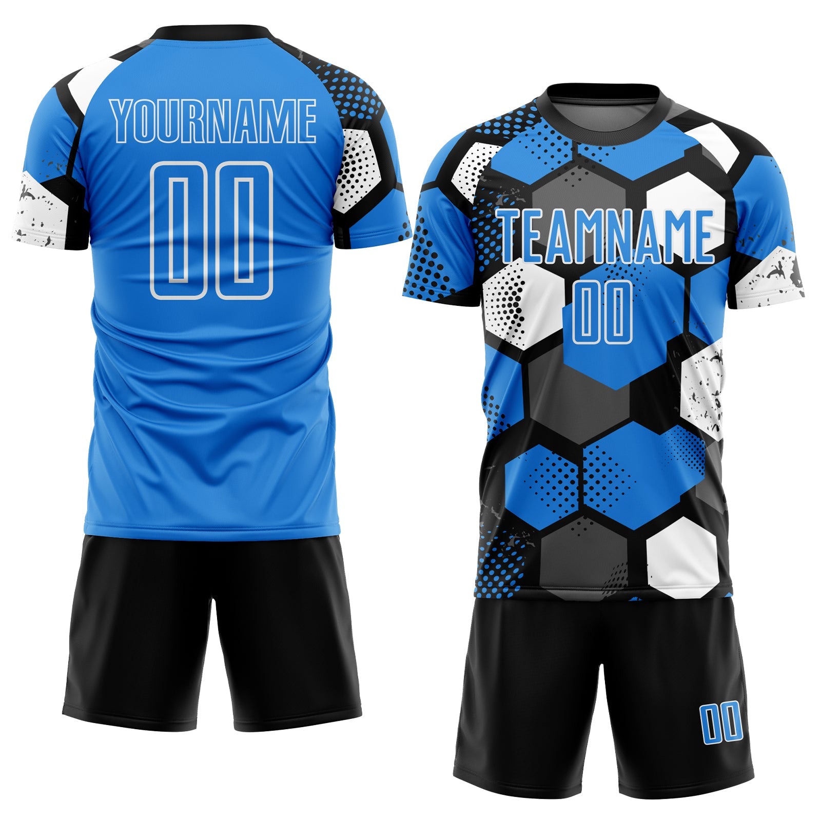 Custom Black Powder Blue-White Geometric Shape Sublimation Soccer Uniform Jersey view 2