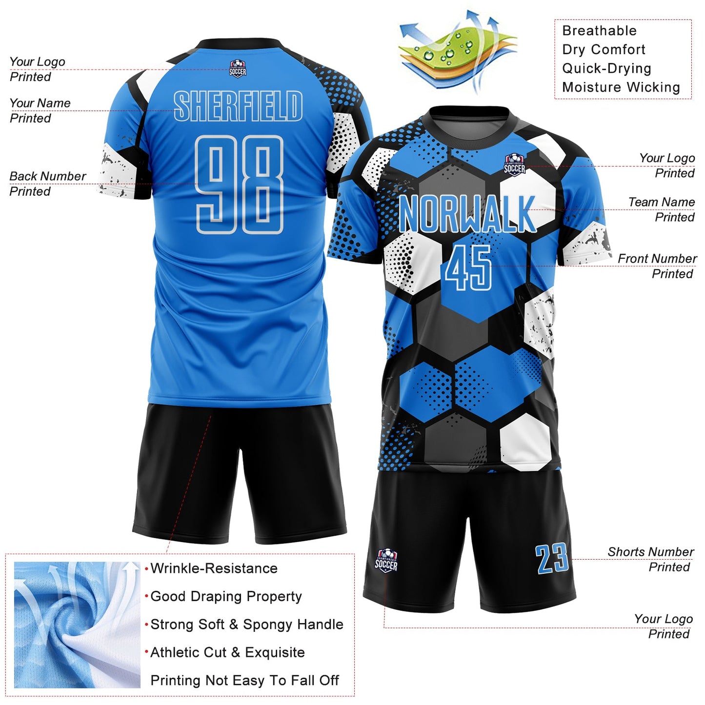 Custom Black Powder Blue-White Geometric Shape Sublimation Soccer Uniform Jersey view 4