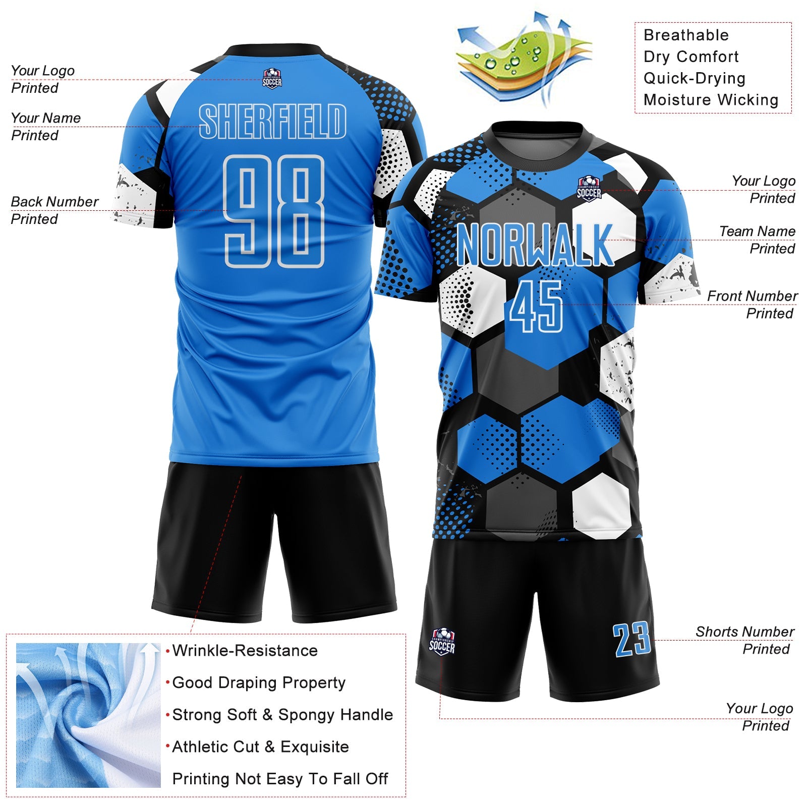 Custom Black Powder Blue-White Geometric Shape Sublimation Soccer Uniform Jersey view 4