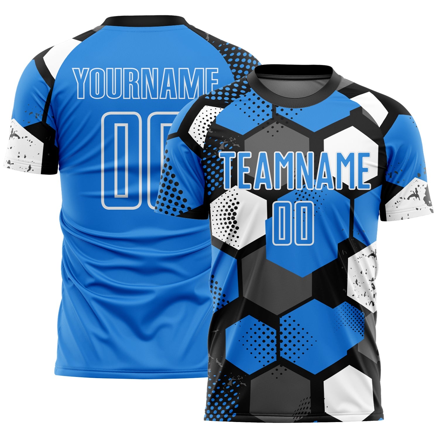 Custom Black Powder Blue-White Geometric Shape Sublimation Soccer Uniform Jersey - Main View