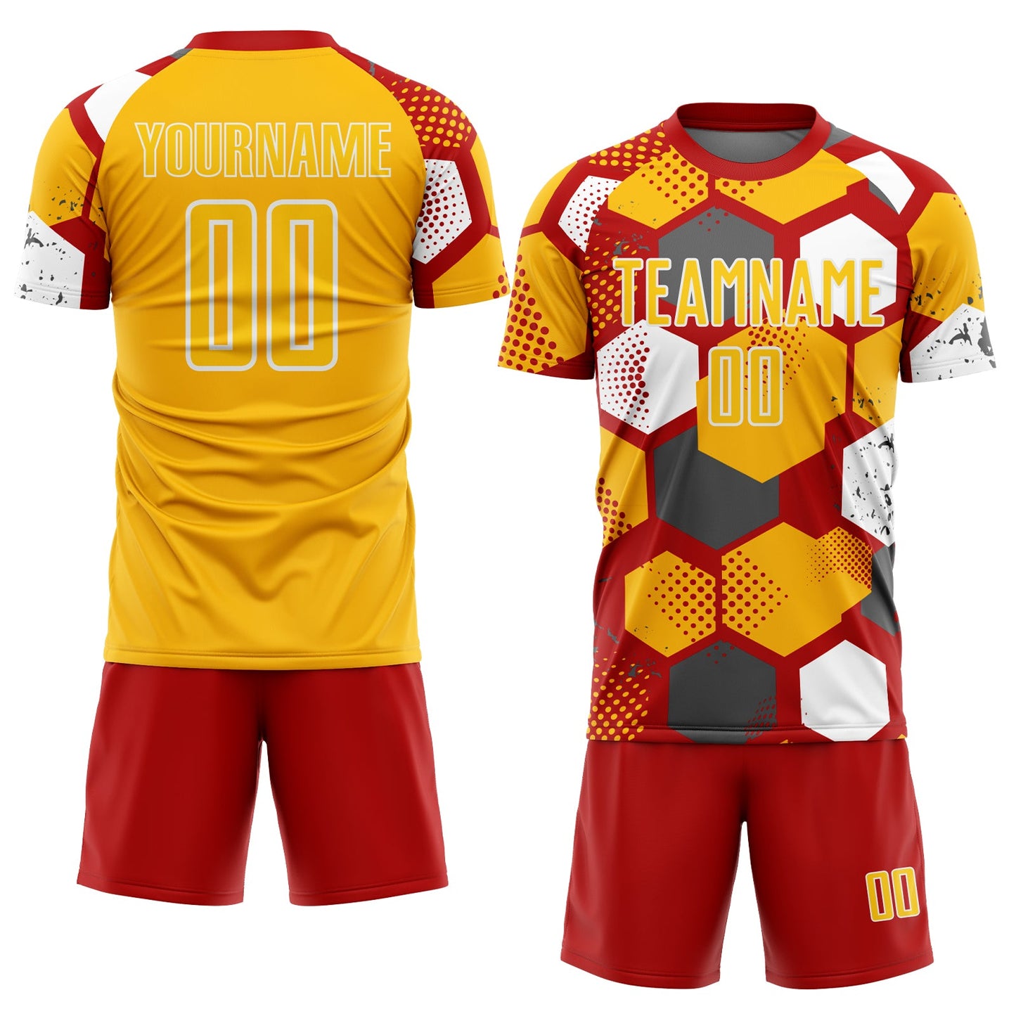 Custom Red Gold-White Geometric Shape Sublimation Soccer Uniform Jersey view 2