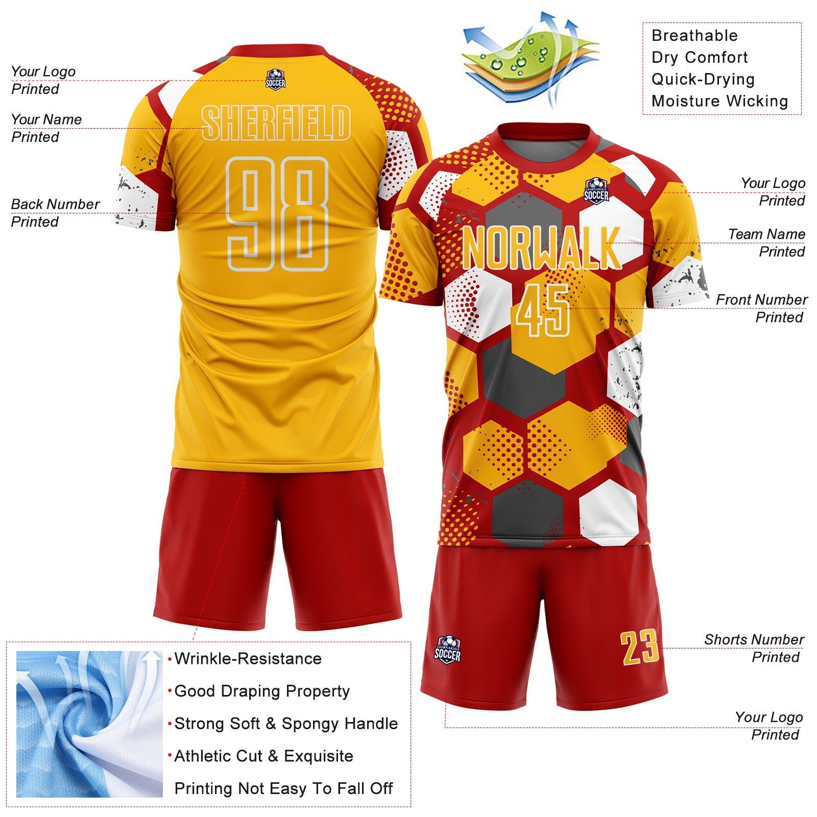 Custom Red Gold-White Geometric Shape Sublimation Soccer Uniform Jersey view 4