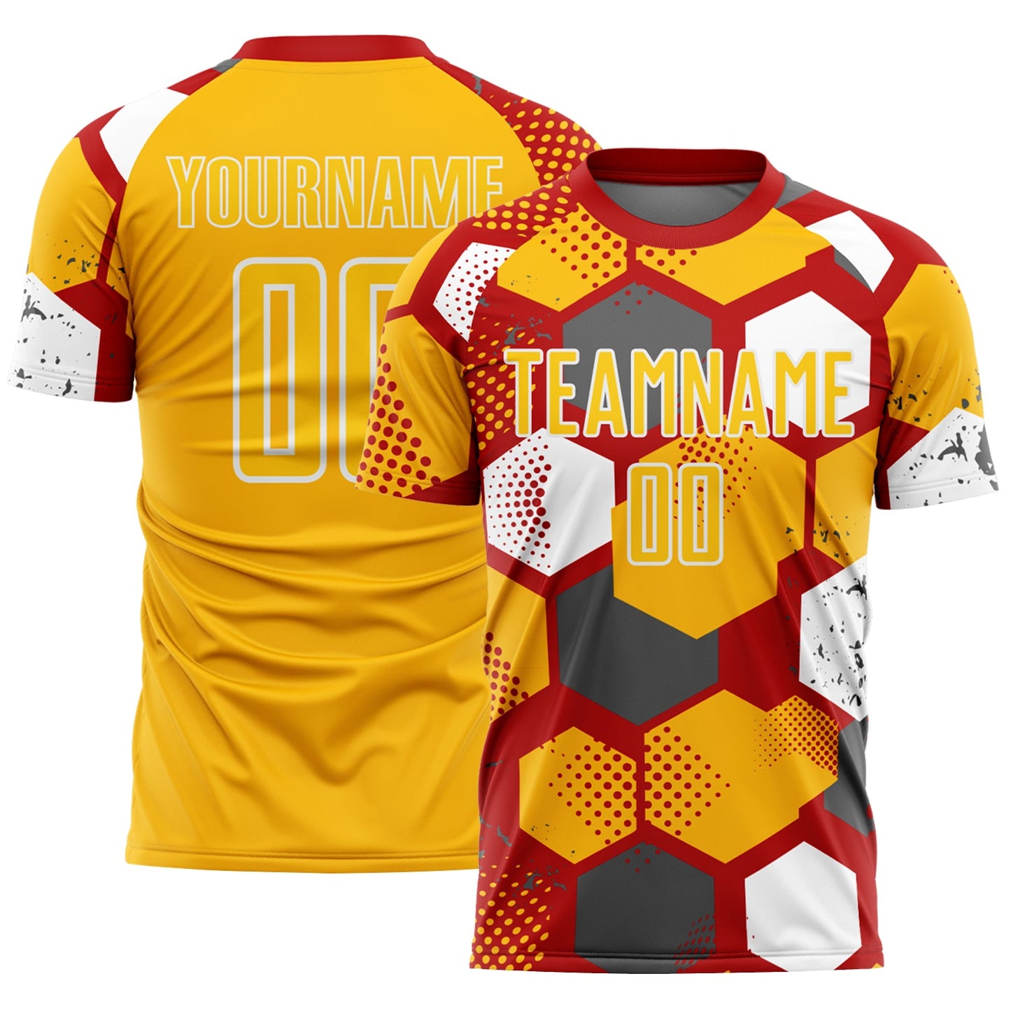 Custom Red Gold-White Geometric Shape Sublimation Soccer Uniform Jersey - Main View