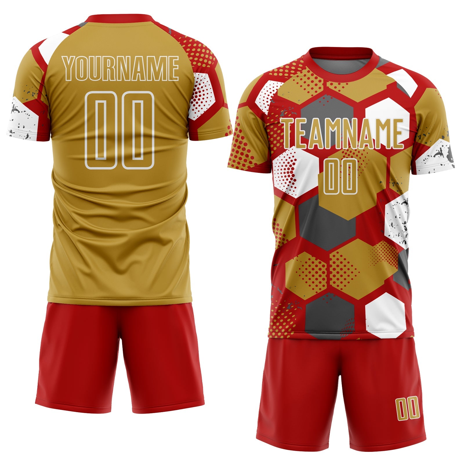 Custom Red Old Gold-White Geometric Shape Sublimation Soccer Uniform Jersey view 2