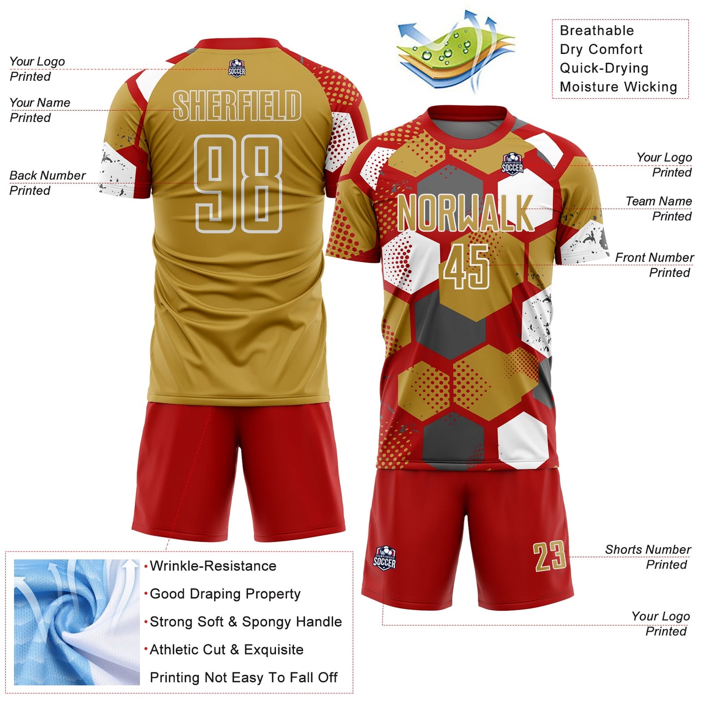 Custom Red Old Gold-White Geometric Shape Sublimation Soccer Uniform Jersey view 4