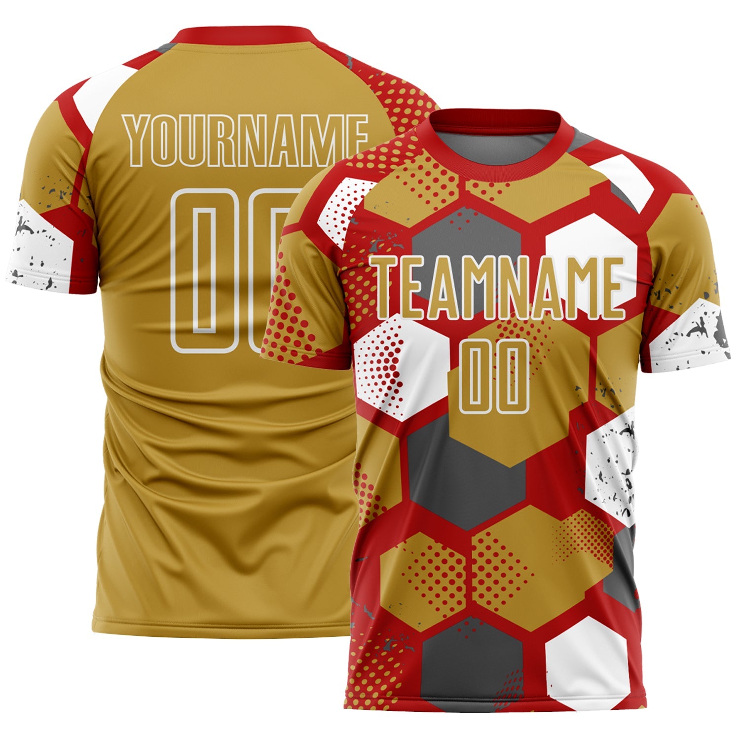 Custom Red Old Gold-White Geometric Shape Sublimation Soccer Uniform Jersey - Main View