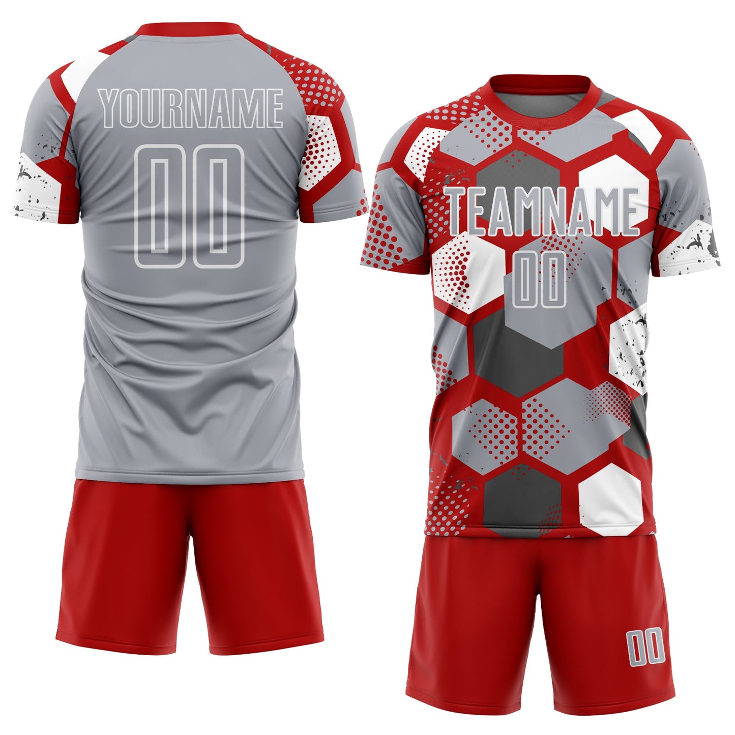 Custom Red Gray-White Geometric Shape Sublimation Soccer Uniform Jersey view 2