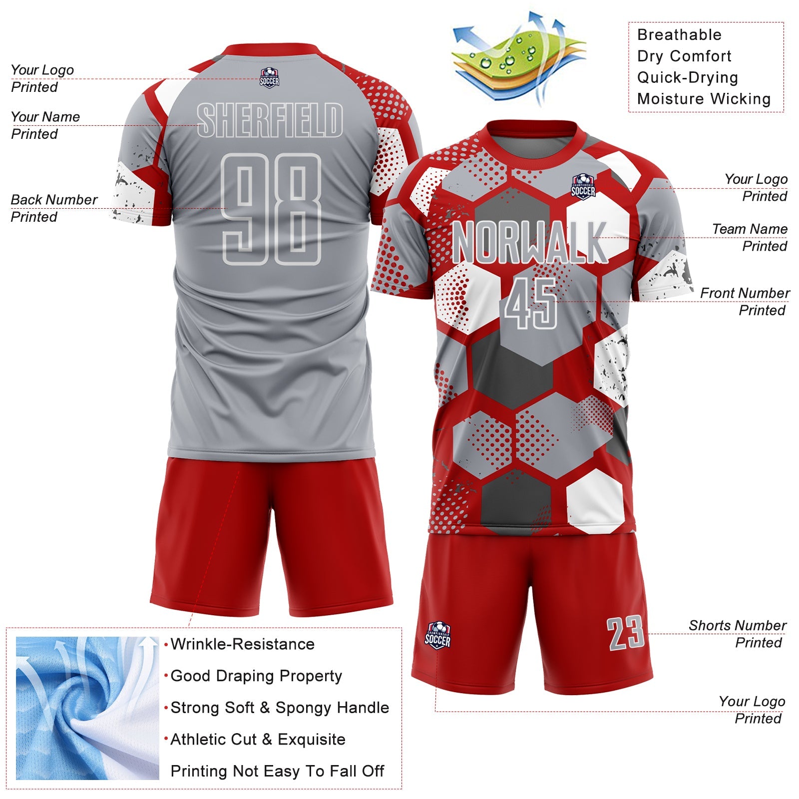 Custom Red Gray-White Geometric Shape Sublimation Soccer Uniform Jersey view 4