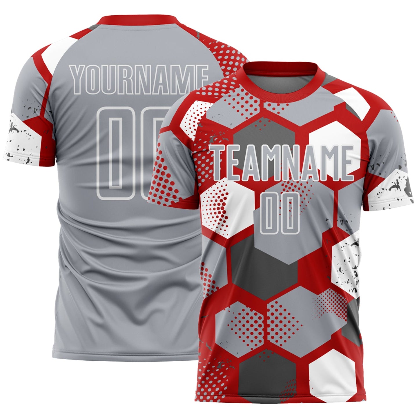 Custom Red Gray-White Geometric Shape Sublimation Soccer Uniform Jersey - Main View