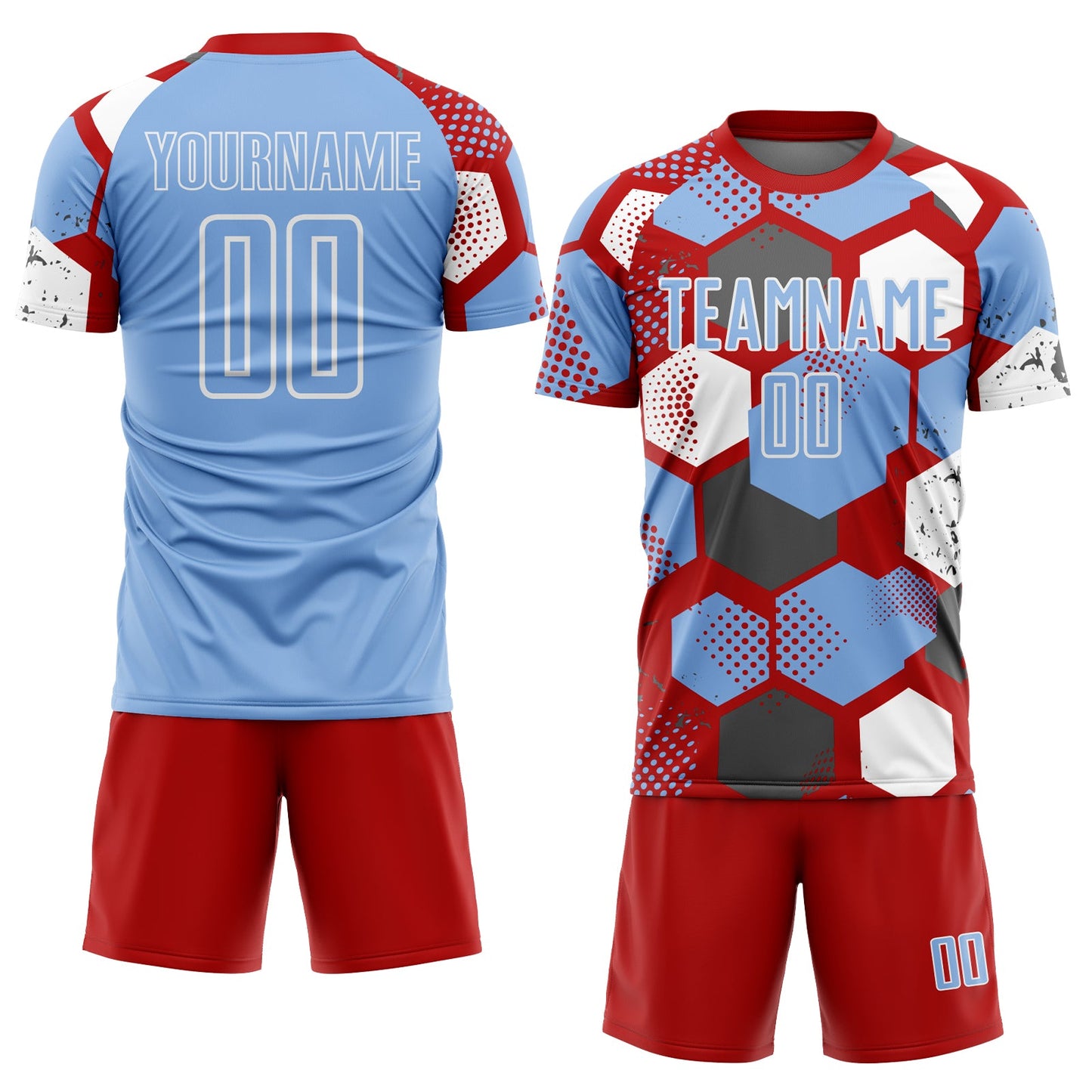 Custom Red Light Blue-White Geometric Shape Sublimation Soccer Uniform Jersey view 2