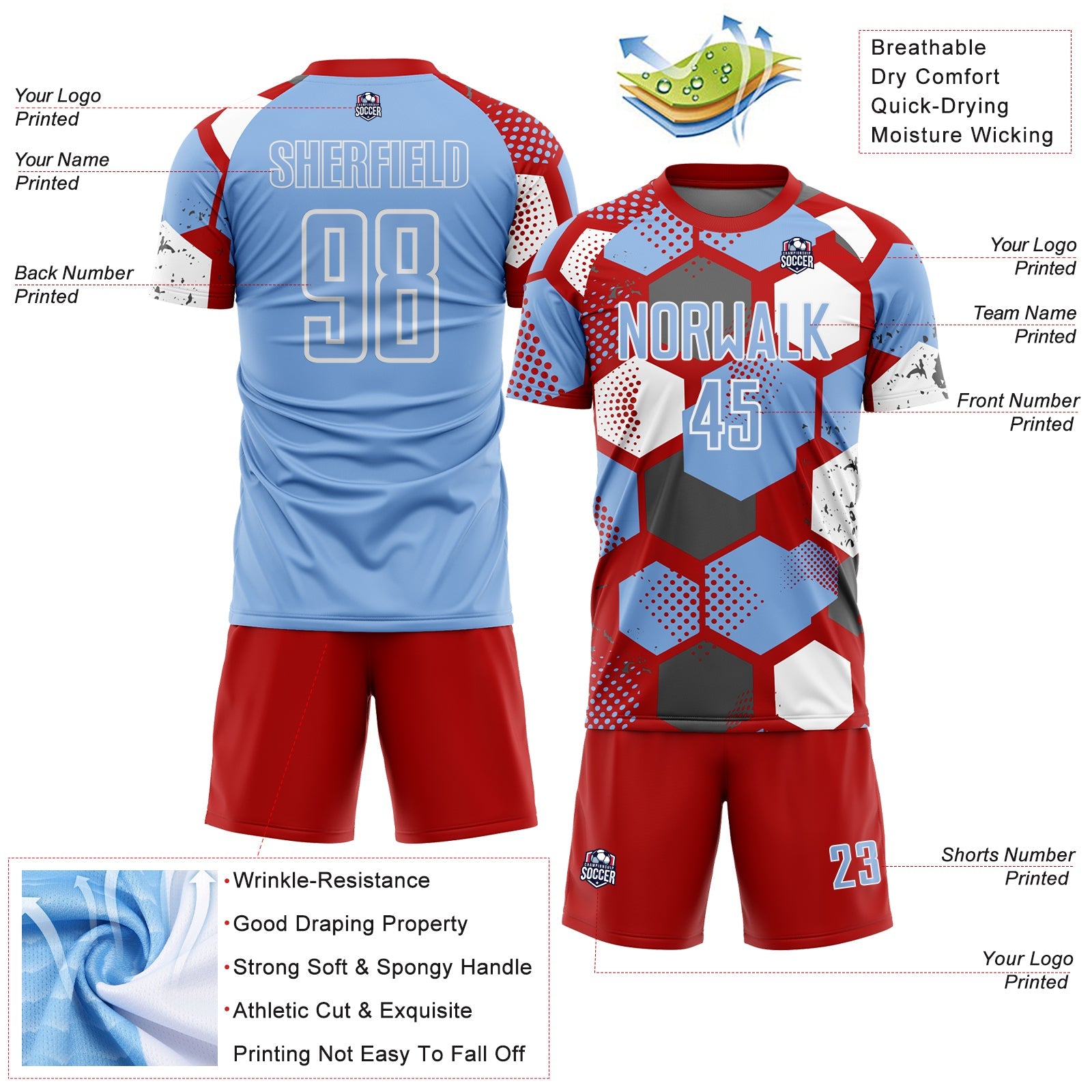 Custom Red Light Blue-White Geometric Shape Sublimation Soccer Uniform Jersey view 4