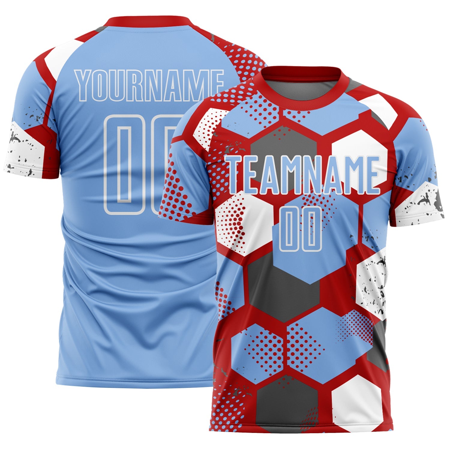 Custom Red Light Blue-White Geometric Shape Sublimation Soccer Uniform Jersey - Main View