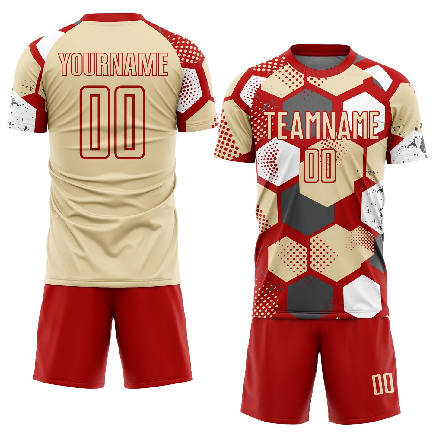 Custom Red Cream-White Geometric Shape Sublimation Soccer Uniform Jersey view 2