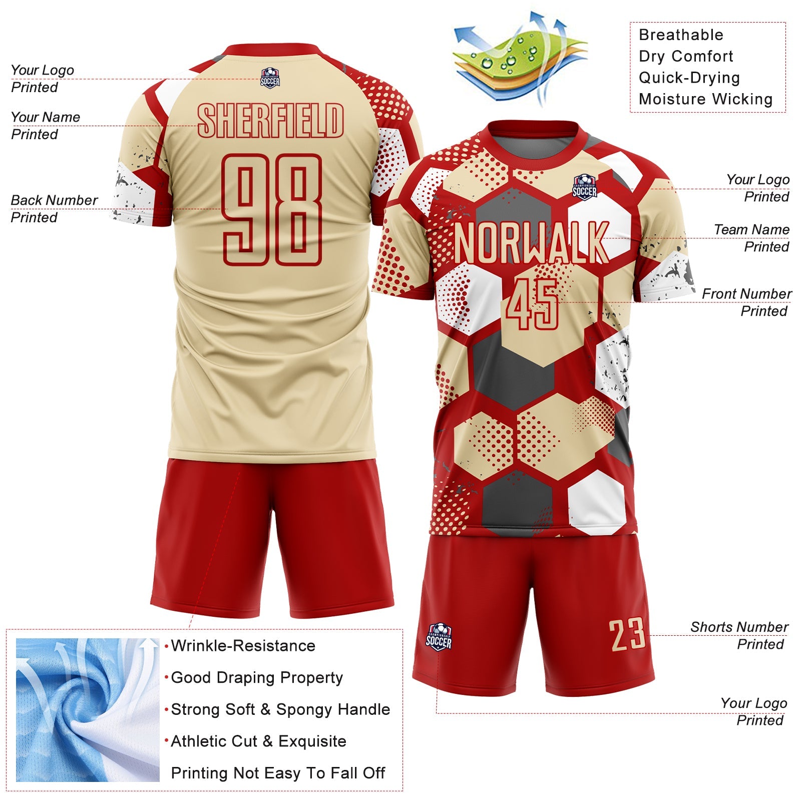 Custom Red Cream-White Geometric Shape Sublimation Soccer Uniform Jersey view 4